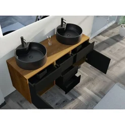 Meuble double vasque VENEZIA Bois Naturel et Noir mat (sans miroir)
