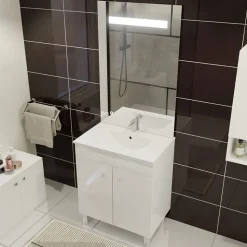 Meuble ECOLINE 70 cm avec plan vasque et miroir ELEG Plus ht105 - Blanc