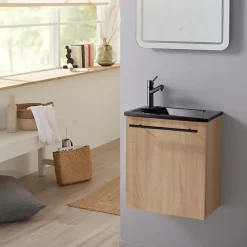 Meuble finition bois pour wc avec lave-mains en solid surface noir et mitigeur noir