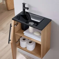 Meuble finition bois pour wc avec lave-mains en solid surface noir et mitigeur noir
