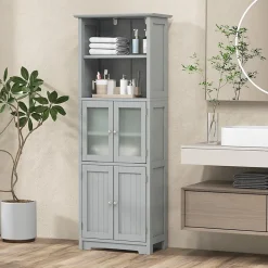 Meuble Haut de Salle de Bain Rangement 6 Niveaux avec 2 Etageres Ouvertes&2 Compartiments Porte en Verre Transparent Gris