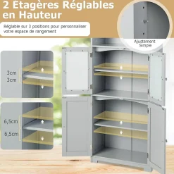 Meuble Haut de Salle de Bain Rangement 6 Niveaux avec 2 Etageres Ouvertes&2 Compartiments Porte en Verre Transparent Gris
