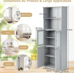Meuble Haut de Salle de Bain Rangement 6 Niveaux avec 2 Etageres Ouvertes&2 Compartiments Porte en Verre Transparent Gris