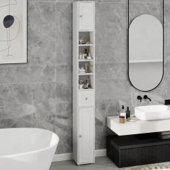 Meuble haut et étroit salle de bain blanc, autoportant avec 1 tiroir, 2 portes et 4 étagères réglables, 180 cm