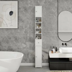 Meuble haut et étroit salle de bain blanc, autoportant avec 1 tiroir, 2 portes et 4 étagères réglables, 180 cm