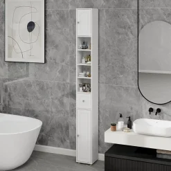 Meuble haut et étroit salle de bain blanc, autoportant avec 1 tiroir, 2 portes et 4 étagères réglables, 180 cm