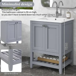 Meuble Lavabo avec Vasque Céramique - Meuble Sous-Vasque Moderne avec Espace de Rangement, Bois de Pin et MDF, 61x46x90 cm - Gris