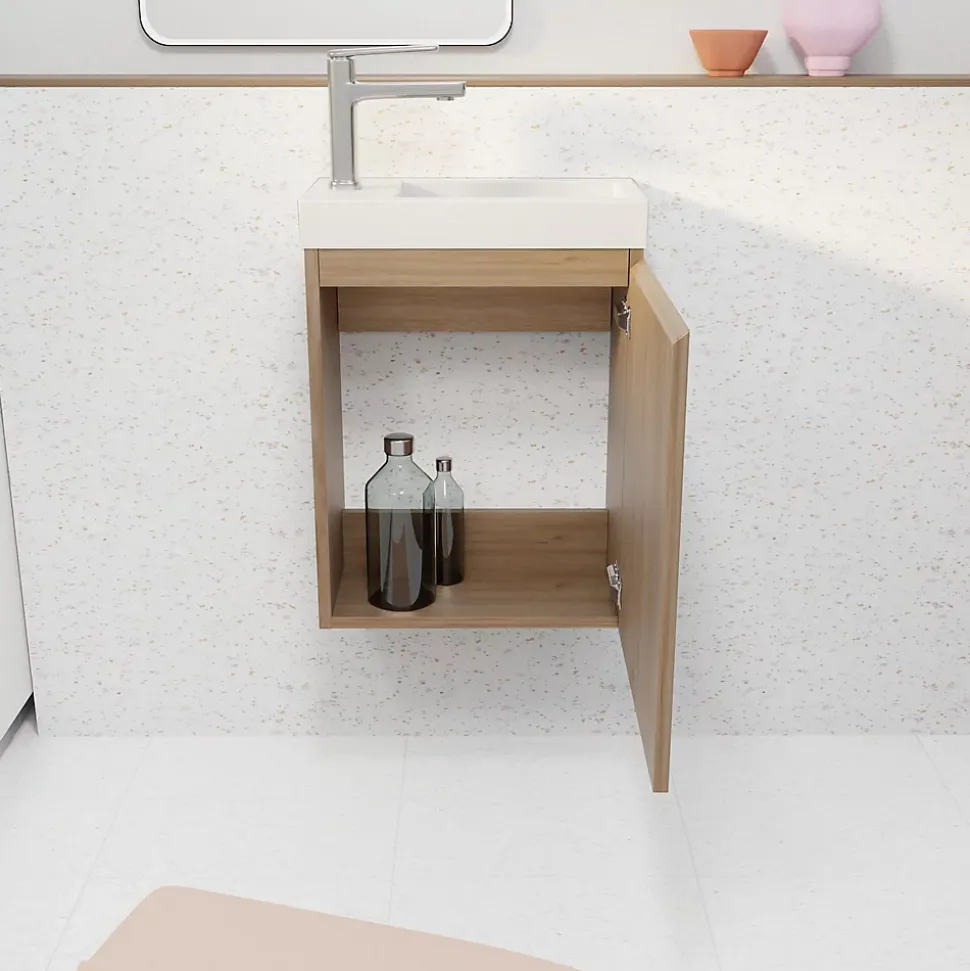 Meuble Lave Mains Décor Bois 40x50x22 cm avec Vasque en SMC Blanche - ELEMENTARY