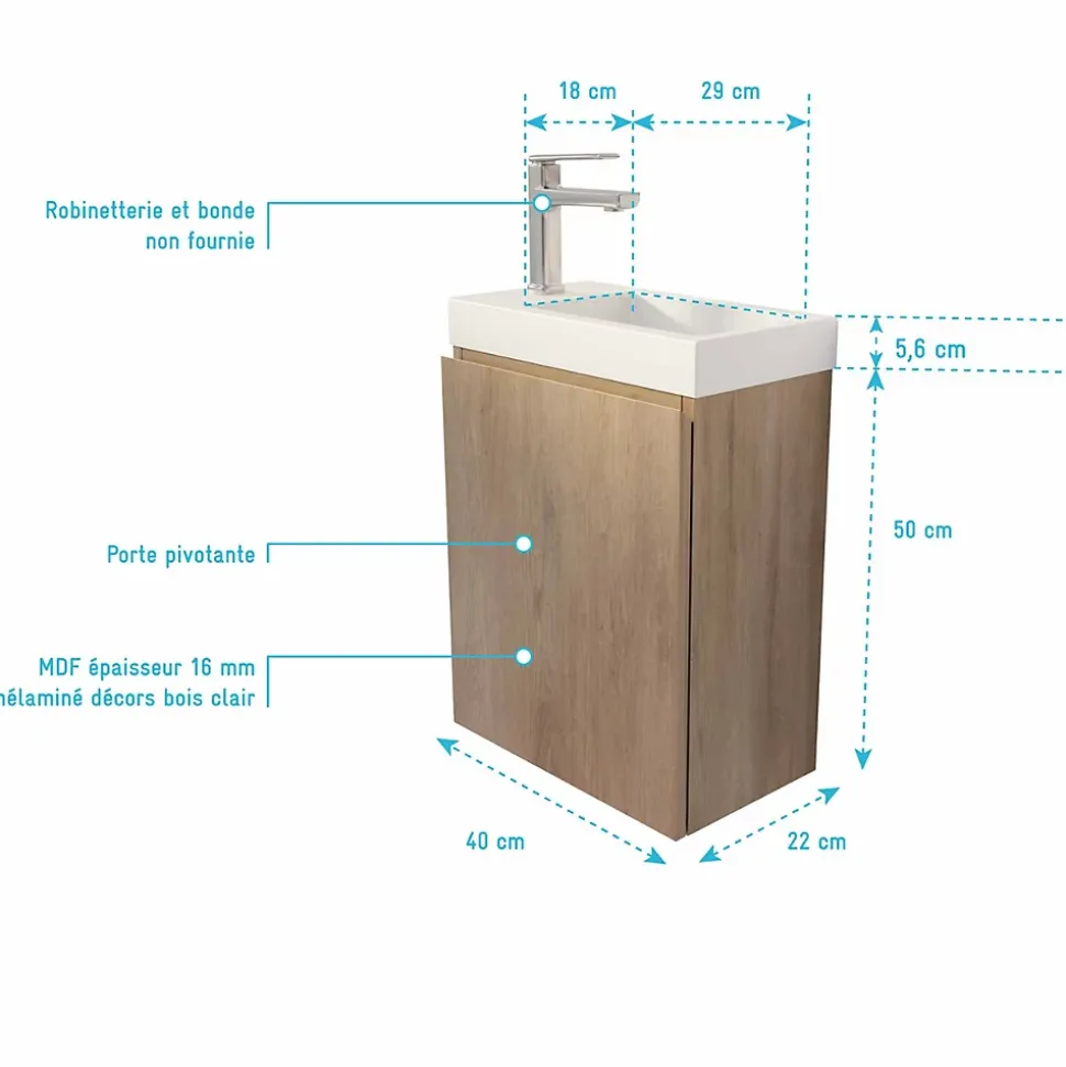 Meuble Lave Mains Décor Bois 40x50x22 cm avec Vasque en SMC Blanche - ELEMENTARY