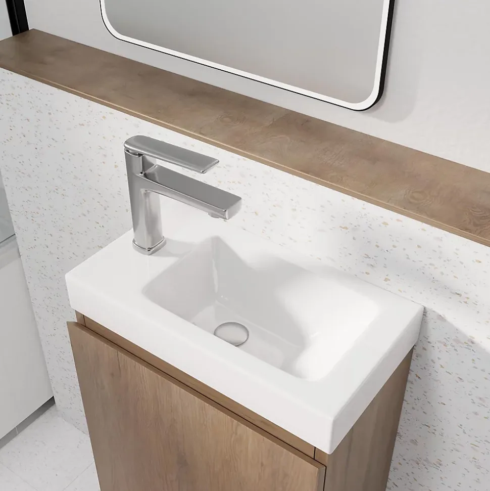 Meuble Lave Mains Décor Bois 40x50x22 cm avec Vasque en SMC Blanche - ELEMENTARY