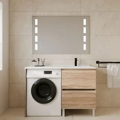 Meuble lave-linge IDEA, plan vasque déportée + Miroir Prestige- Bois- Vasque à droite