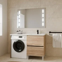 Meuble lave-linge IDEA, plan vasque déportée + Miroir Prestige- Bois- Vasque à droite