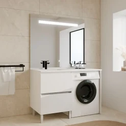 Meuble lave-linge IDEA, plan vasque déportée + Miroir Elégance h105- Blanc- Vasque à gauche