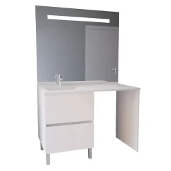 Meuble lave-linge IDEA, plan vasque déportée + Miroir Elégance h105- Blanc- Vasque à gauche