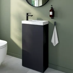 Meuble lave-mains à poser noir mat l.44 cm Imandra + plan vasque effet marbre blanc, GoodHome