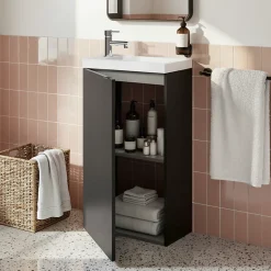 Meuble lave-mains à poser noir mat l.44 cm Imandra + plan vasque blanc résine Beni, GoodHome