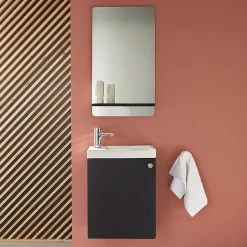 Meuble lave-mains AVA noir carbone + miroir tablette blanche