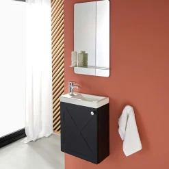 Meuble lave-mains AVA noir carbone + miroir tablette blanche
