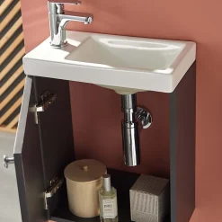 Meuble lave-mains AVA noir carbone + miroir tablette blanche