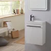 Meuble lave-mains blanc avec vasque en céramique, mitigeur et poignée noire