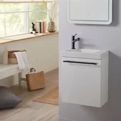 Meuble lave-mains blanc avec vasque en céramique, mitigeur et poignée noire