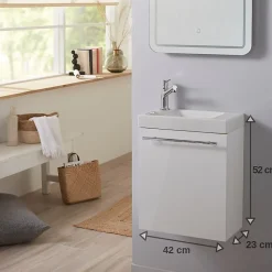 Meuble lave-mains design couleur blanc avec mitigeur eau chaude/ eau froide