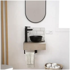 Meuble lave-mains SOHO plan épais vasque noire + miroir