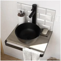 Meuble lave-mains SOHO plan fin p-serviette face vasque noire + robinet