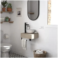 Meuble lave-mains SOHO plan épais vasque blanche + robinet + miroir