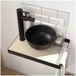 Meuble lave-mains SOHO plan fin p-serviette côté vasque noire + robinet