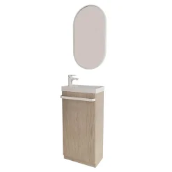 Meuble lave-mains sur pieds JOHANN décor chêne + vasque + robinet + miroir