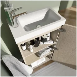Meuble lave-mains sur pieds JOHANN décor chêne + vasque + robinet + miroir