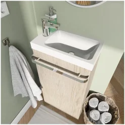 Meuble lave-mains sur pieds JOHANN décor chêne + vasque + robinet + miroir