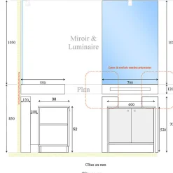 Meuble LEA 70 cm avec plan vasque et miroir LED ELEG Plus ht105