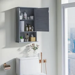 Meuble Mural de Salle de Bain, avec Etagère Réglable,avec Porte Persienne et 1 Etagère Ouverte, 42x17x70cm (Gris)