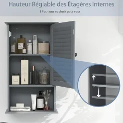 Meuble Mural de Salle de Bain, avec Etagère Réglable,avec Porte Persienne et 1 Etagère Ouverte, 42x17x70cm (Gris)