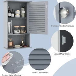 Meuble Mural de Salle de Bain, avec Etagère Réglable,avec Porte Persienne et 1 Etagère Ouverte, 42x17x70cm (Gris)