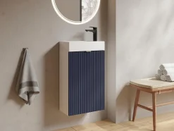 Meuble pour lave main strié caisson blanc et porte réversible bleue - H60 x L40 x P22 - VAHIRA