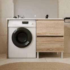 Meuble pour lave-linge IDEA, plan vasque déportée 124 cm x 65 cm- Bois- Vasque à droite