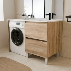 Meuble pour lave-linge IDEA, plan vasque déportée 124 cm x 65 cm- Bois- Vasque à droite