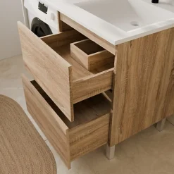 Meuble pour lave-linge IDEA, plan vasque déportée 124 cm x 65 cm- Bois- Vasque à droite