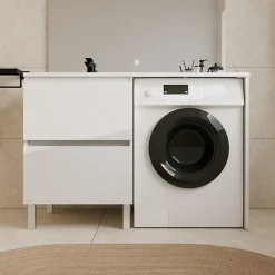 Meuble pour lave-linge IDEA, plan vasque déportée 124 cm x 65 cm- Blanc- Vasque à gauche