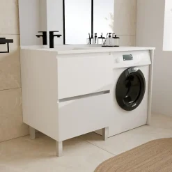Meuble pour lave-linge IDEA, plan vasque déportée 124 cm x 65 cm- Blanc- Vasque à gauche
