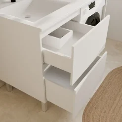 Meuble pour lave-linge IDEA, plan vasque déportée 124 cm x 65 cm- Blanc- Vasque à gauche