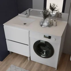 Meuble pour lave-linge IDEA, plan vasque déportée 124 cm x 65 cm- Blanc- Vasque à gauche