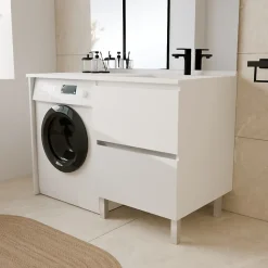Meuble pour lave-linge IDEA, plan vasque déportée 124 cm x 65 cm- Blanc- Vasque à droite