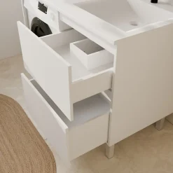 Meuble pour lave-linge IDEA, plan vasque déportée 124 cm x 65 cm- Blanc- Vasque à droite