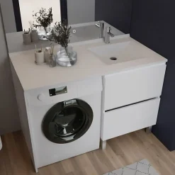 Meuble pour lave-linge IDEA, plan vasque déportée 124 cm x 65 cm- Blanc- Vasque à droite