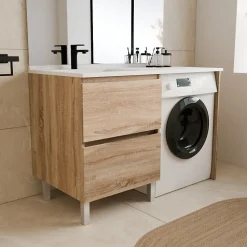 Meuble pour lave-linge IDEA, plan vasque déportée 124 cm x 65 cm- Bois- Vasque à gauche