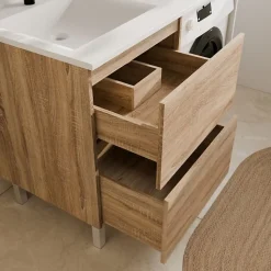 Meuble pour lave-linge IDEA, plan vasque déportée 124 cm x 65 cm- Bois- Vasque à gauche